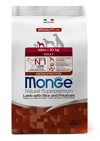 Купить monge dog speciality line monoprotein mini сухой корм для взрослых собак мелких пород из ягненка с рисом и картофелем